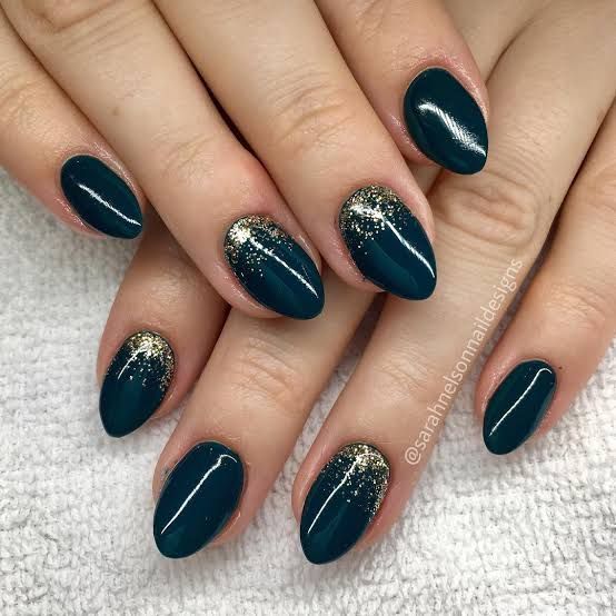 Glossy Deep Teal Gold Glitter Accent Nails — Teal Nails 2027