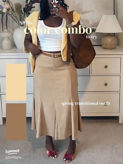 Beige Midi Skirt with Yellow Cardigan — Beige Spring Outfits 2027