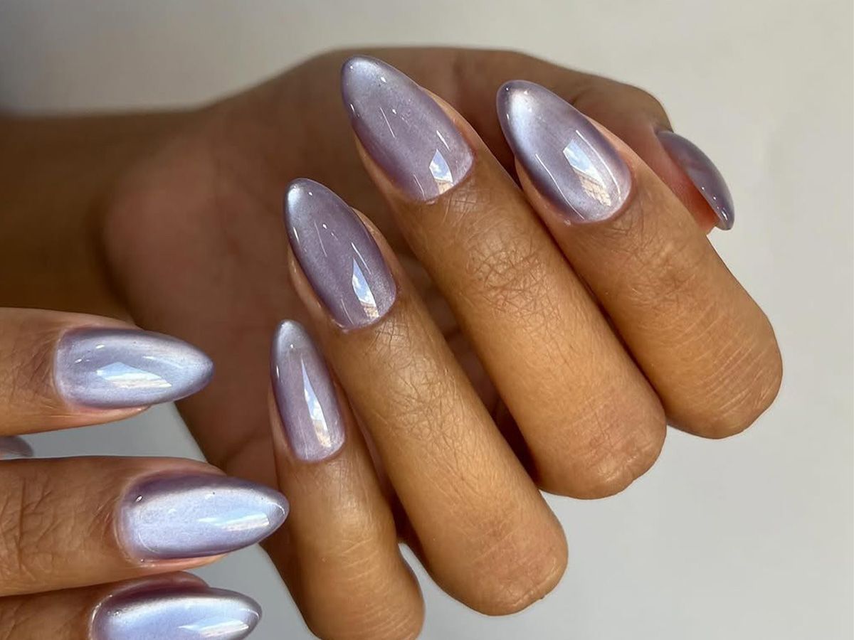 Light Lavender Cat-Eye Medium Pointed Nails — Pastel Nails 2027 for Brown Skin
