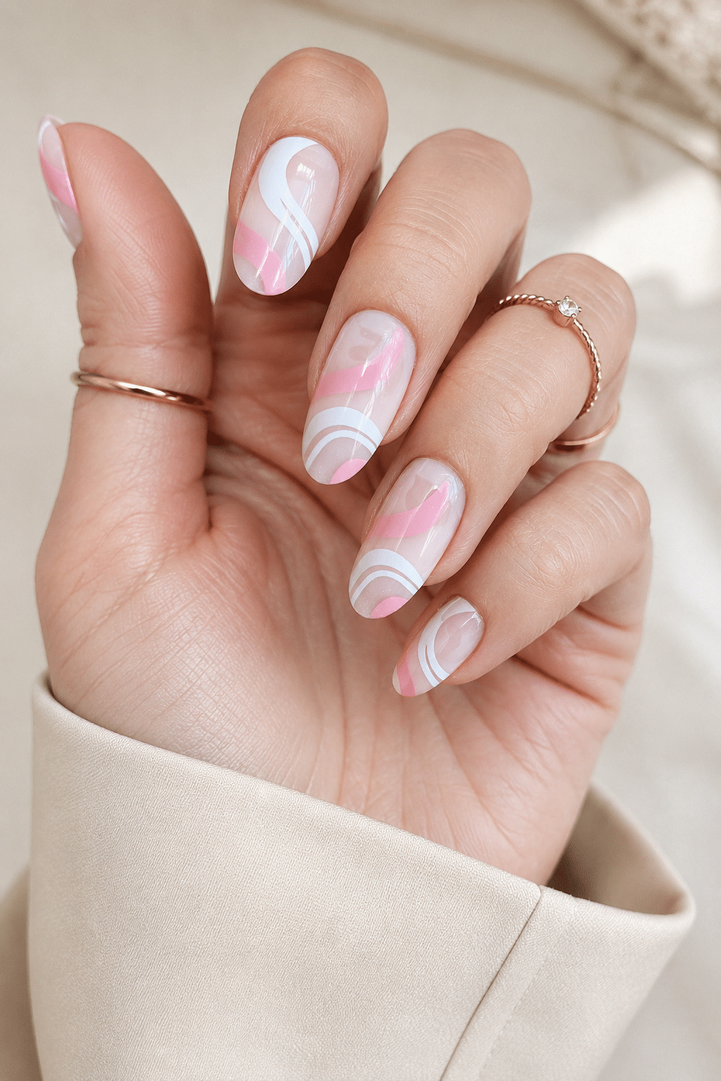 Abstract Wavy Lines on Sheer Base Oval Nails Abstract Wavy Lines on Sheer Base Oval Nails — Oval Nails 2027