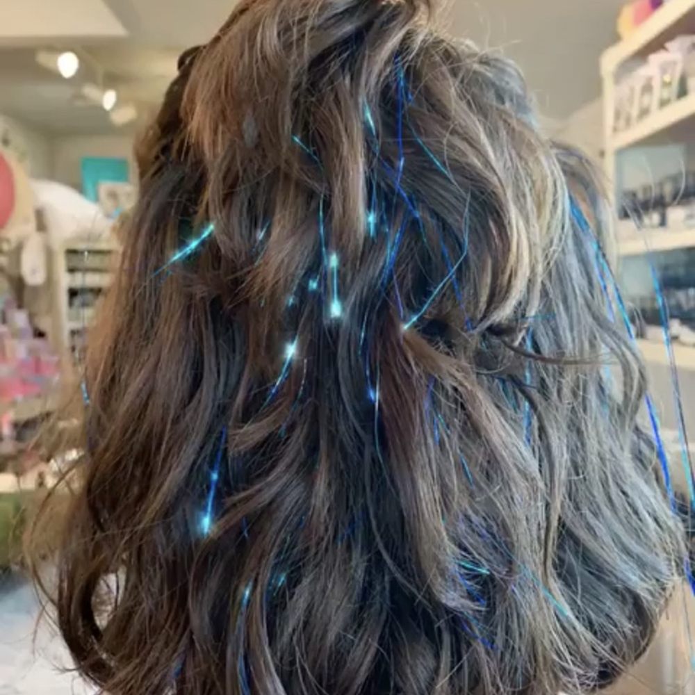 Short Bob Fine Wavy With Blue Tinsel — Hair Tinsel 2027