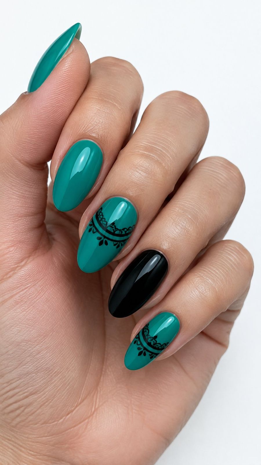 Emerald and Black Lace Decal Nails Emerald and Black Lace Decal Nails — Emerald Prom Nails 2027