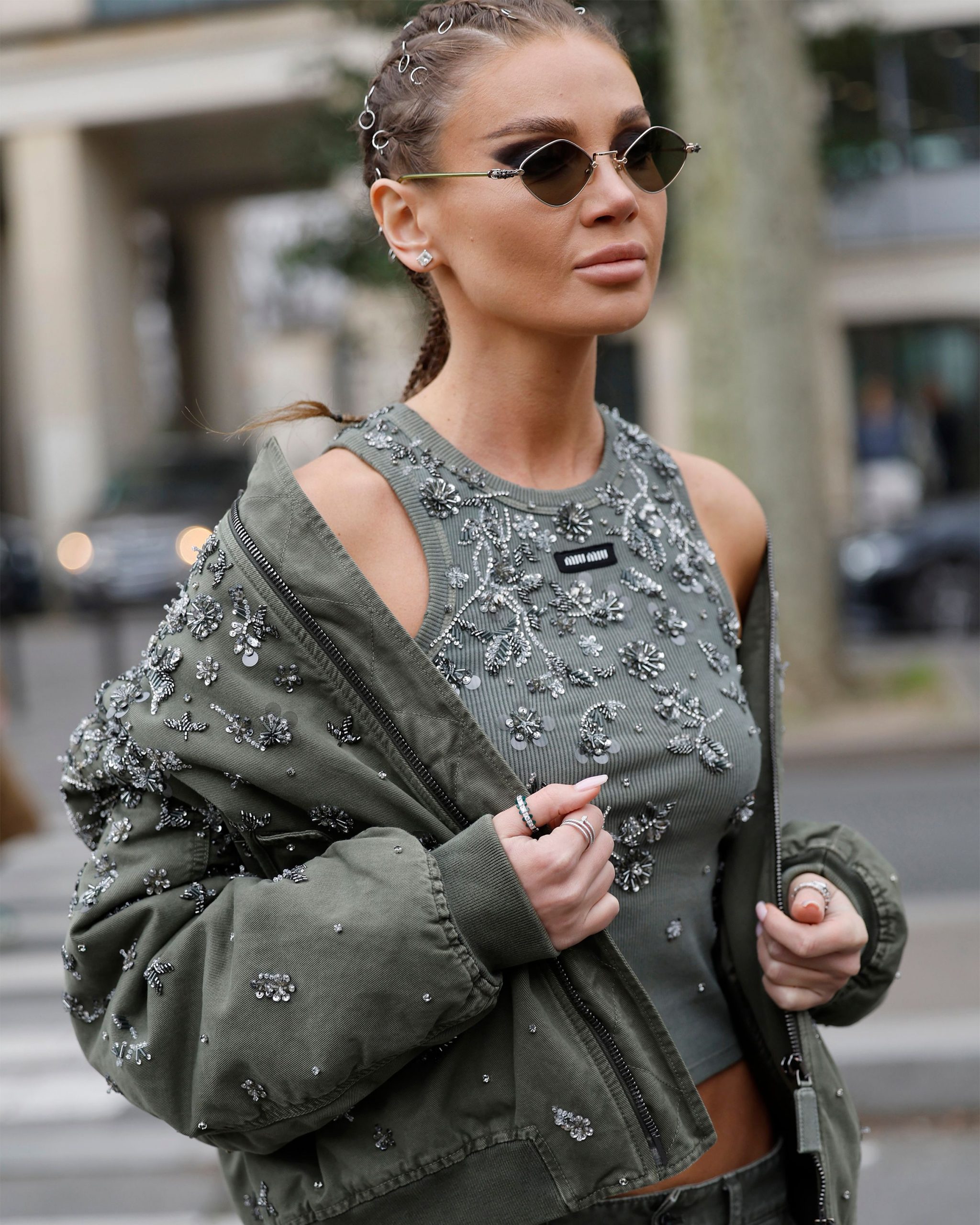 Glamorous Evening: Embellished Olive Tank with Matching Bomber Jacket — Tank Top Outfits 2027