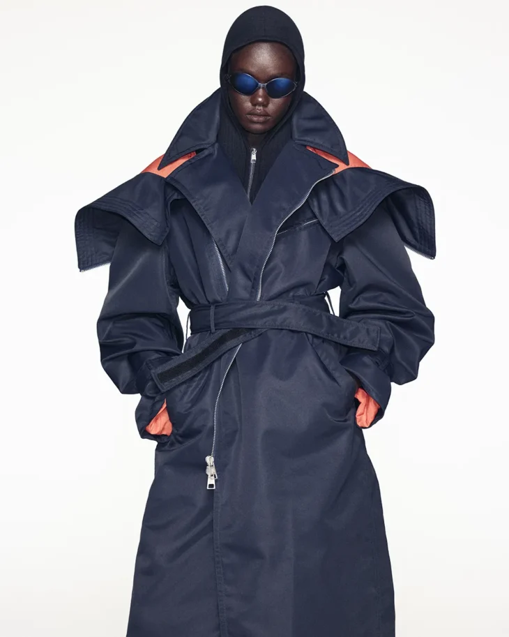 Navy Nylon Trench Coat with Orange Accents and Turtleneck — Spring Outfits 2027 for Work