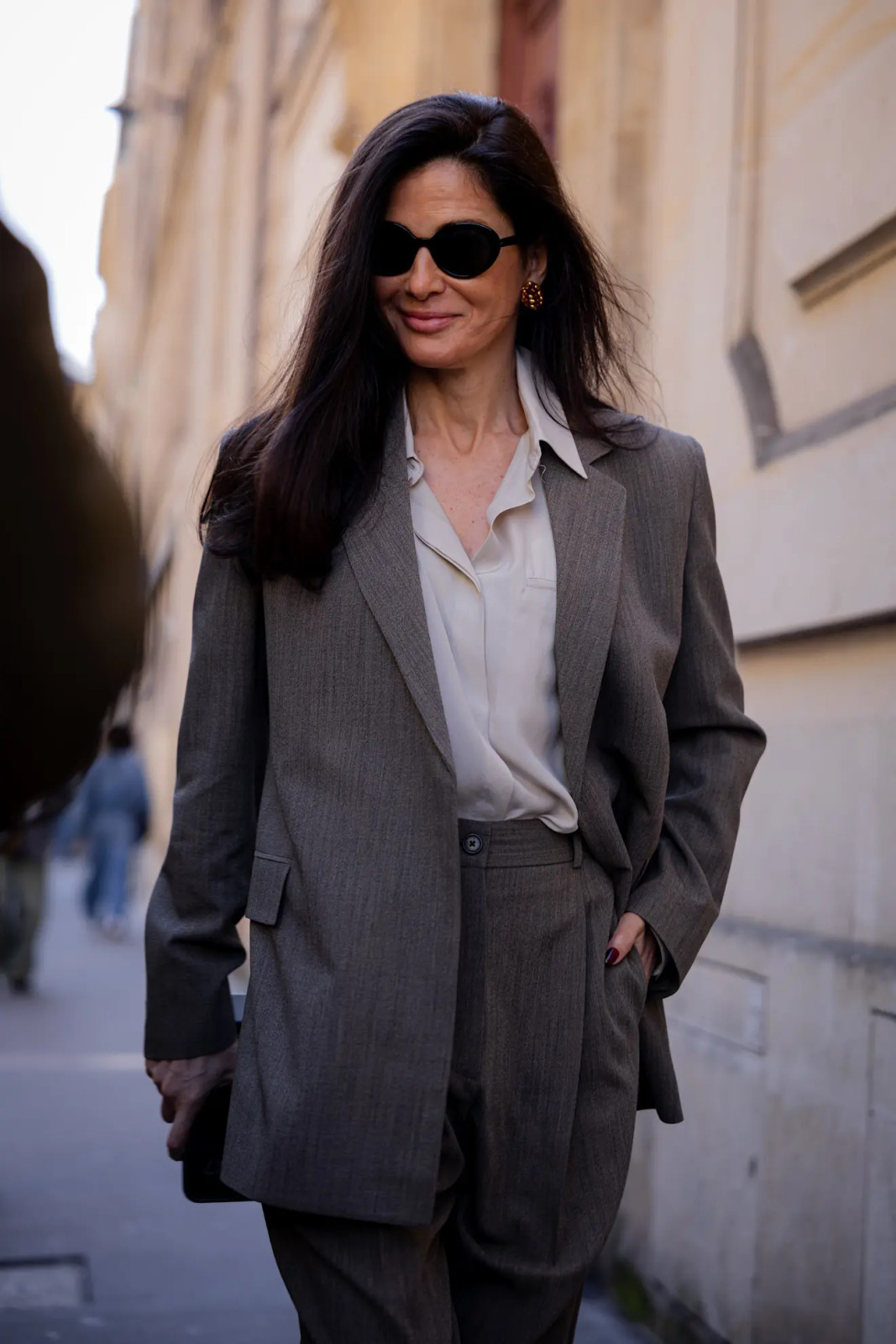 Cream Silk Blouse with Relaxed Grey Suit Cream Silk Blouse with Relaxed Grey Suit — Blouse Outfits 2027 with Blazer