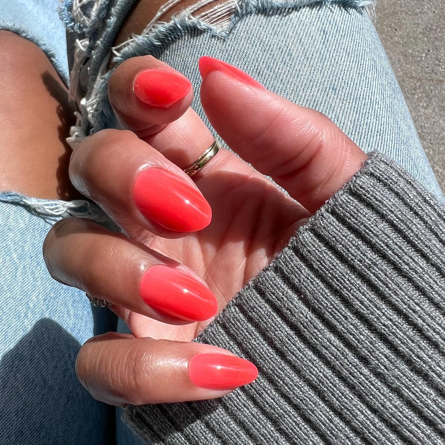 Glossy Bright Coral Stilettos — Summer Dip Nails 2027