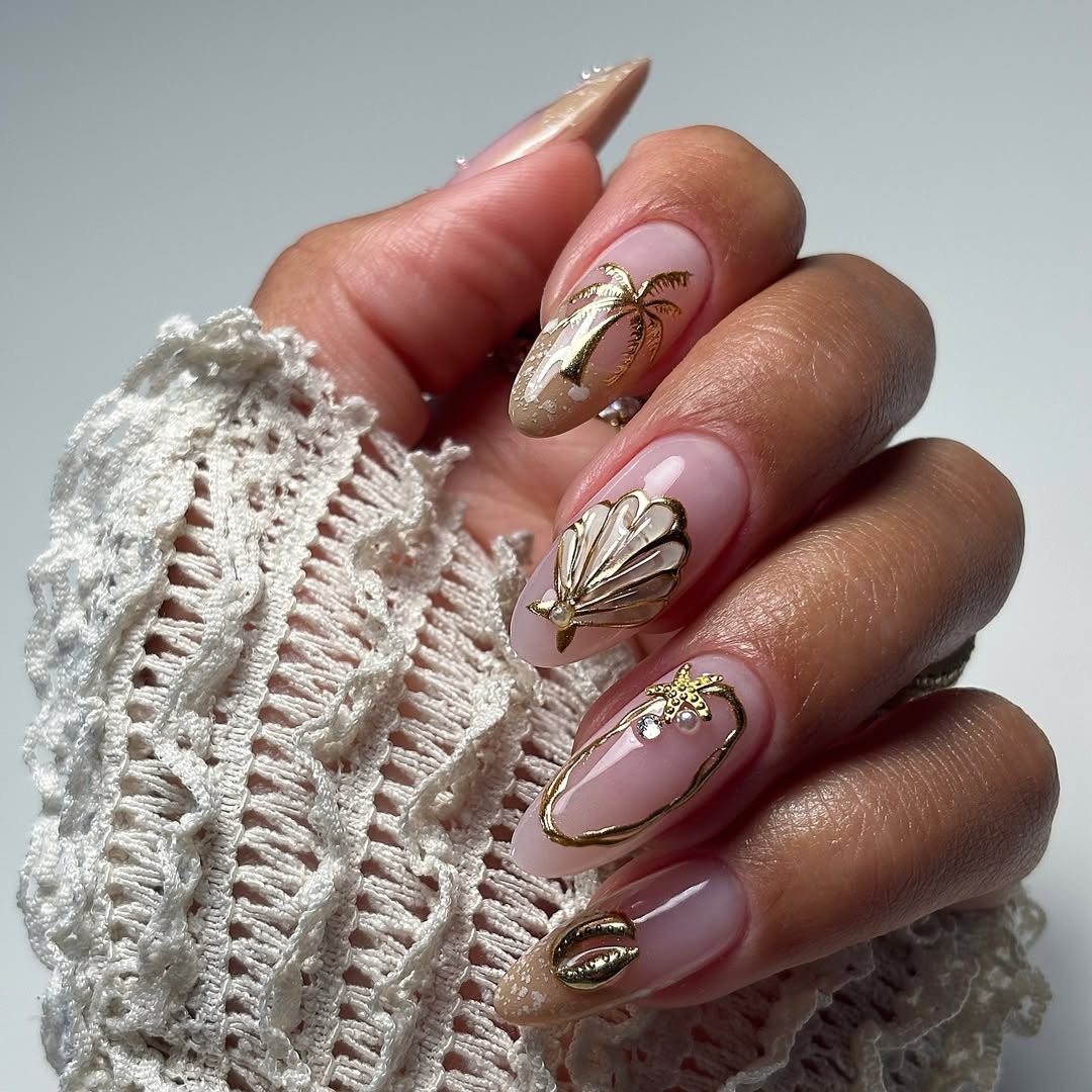 Nude Pink Gold Charm Almonds Nude Pink Gold Charm Almonds — Long Almond Nails 2027