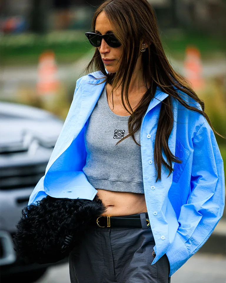 Layered Sophistication: Grey Tank Under Blue Button-Down Layered Sophistication: Grey Tank Under Blue Button-Down — Racerback Tank Top Outfits 2027