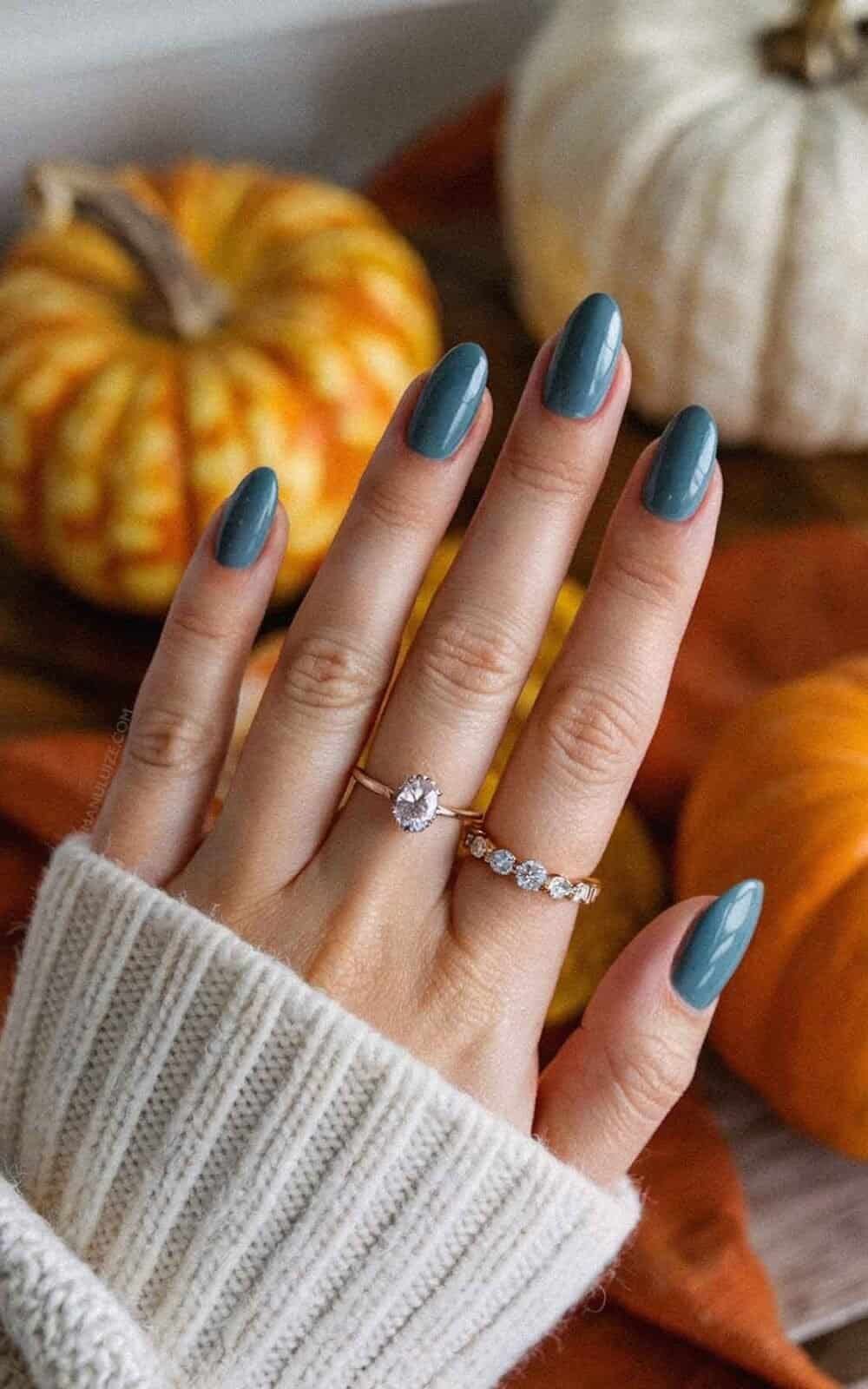 Muted Autumn Teal Short Oval Nails — Teal Nails 2027
