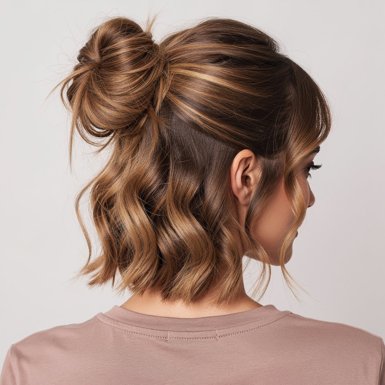 Medium Brown Messy Bun with Waves Medium Brown Messy Bun with Waves — Prom Hairstyles 2027 for Medium Hair