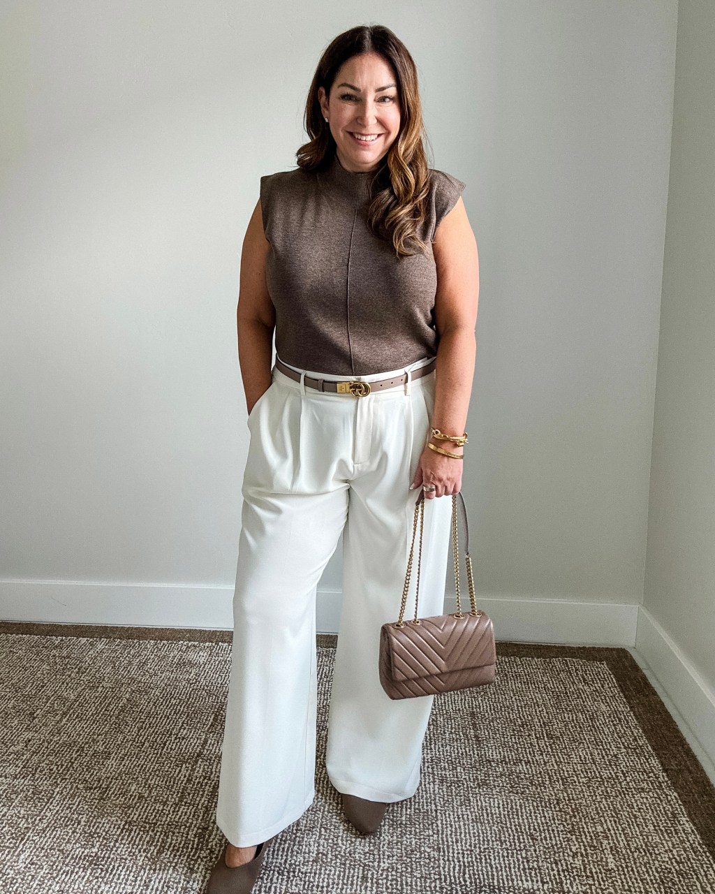 Brown Mock Neck Top and Wide-Leg White Trousers Brown Mock Neck Top and Wide-Leg White Trousers — Casual Work Outfits 2027