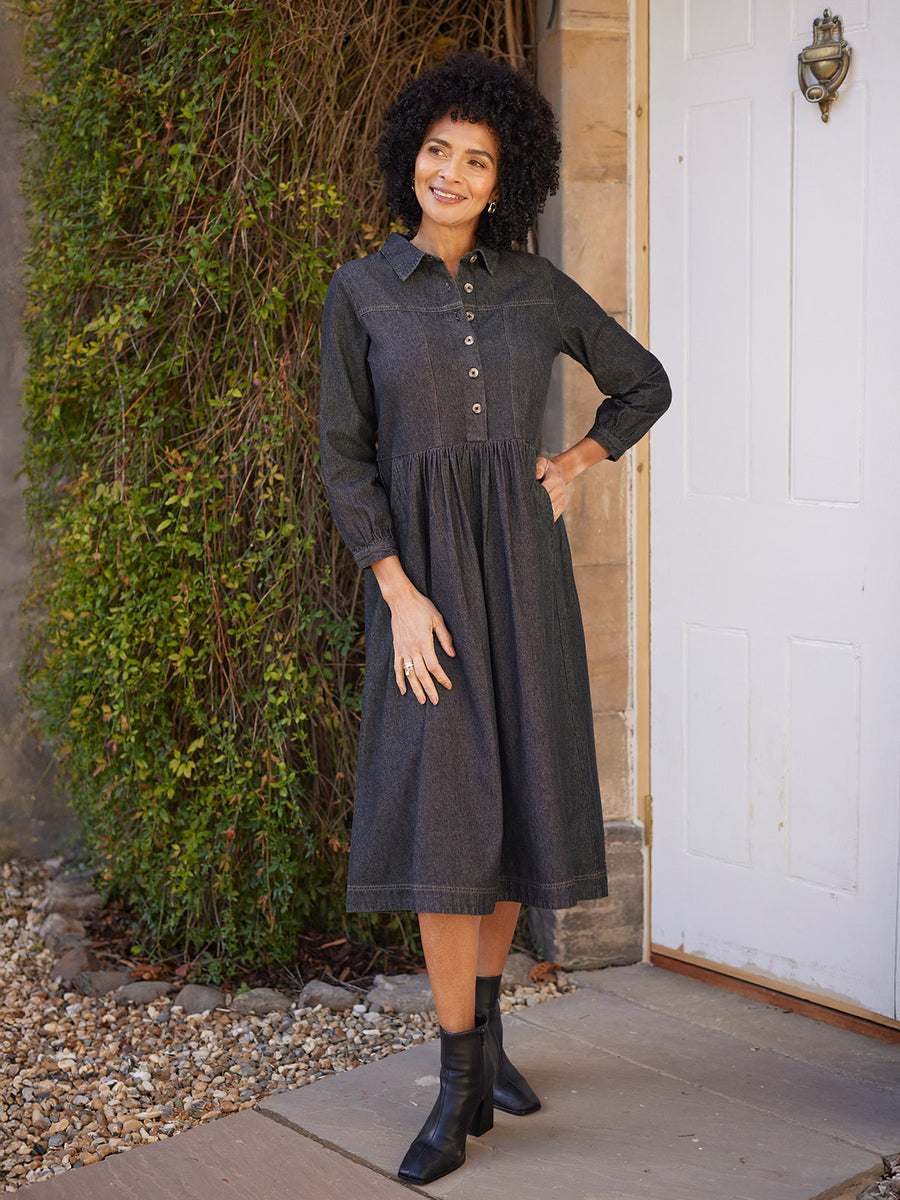 Charcoal Denim Dress: Casual Chic with Gathered Waist Charcoal Denim Dress: Casual Chic with Gathered Waist — Charcoal Outfits 2027