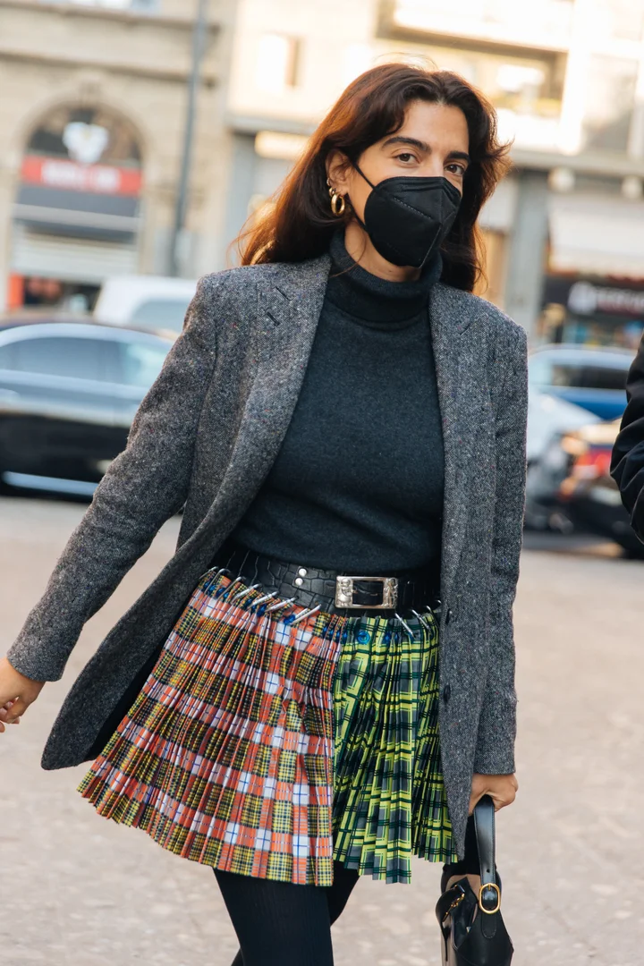 Asymmetrical Plaid Pleated Mini Skirt with Tweed Blazer — Pleated Skirt Outfits 2027