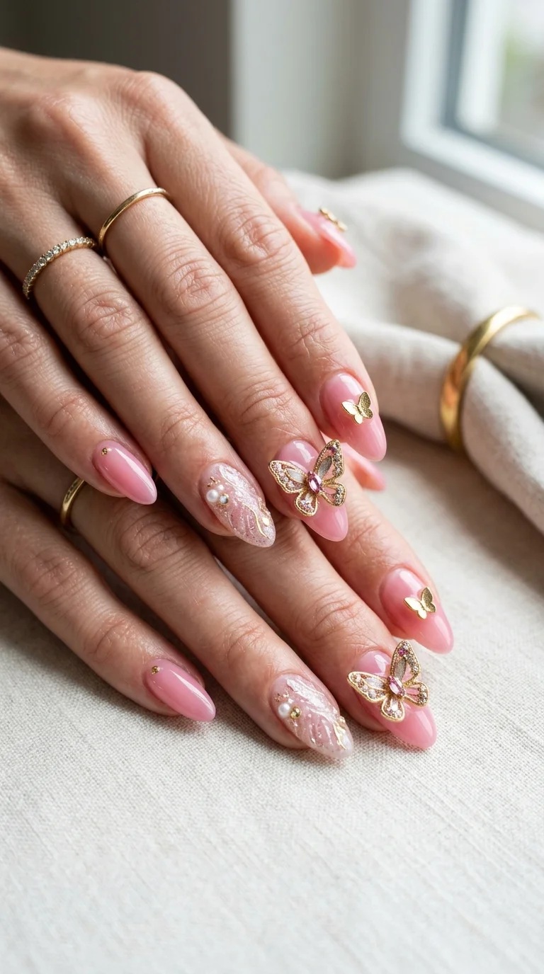 3D Gold Butterfly Pearl Almonds — Short Butterfly Almond Nails 2027