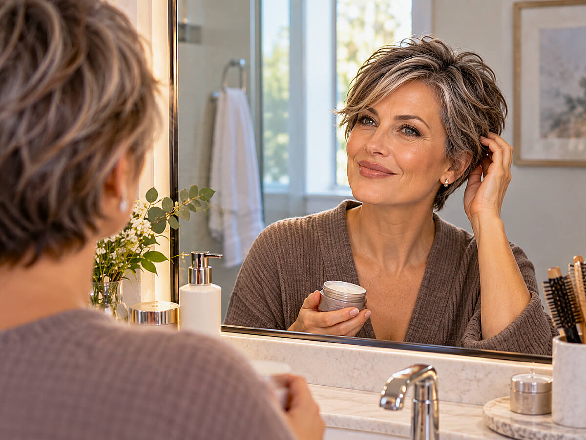 Grey Blonde Pixie With Swept Layers Grey Blonde Pixie With Swept Layers — Pixie 2027 for Women Over 40