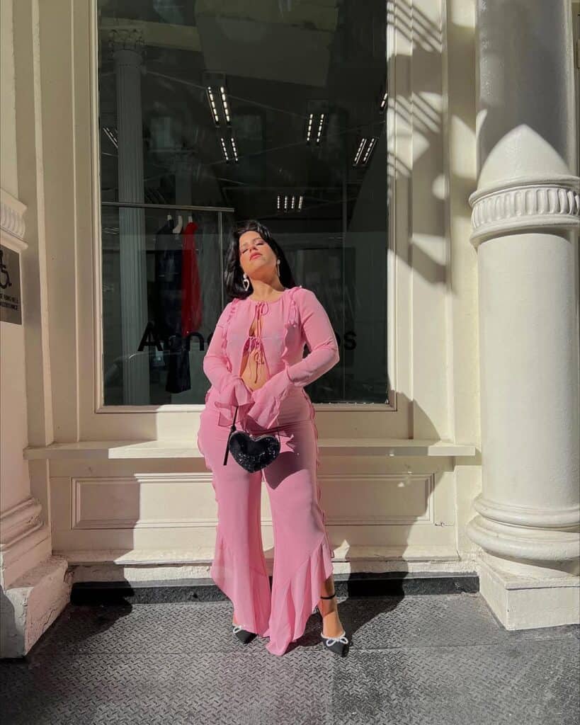 Hot Pink Ruffled Matching Set with a Heart-Shaped Clutch — Pink Valentines Outfits 2027