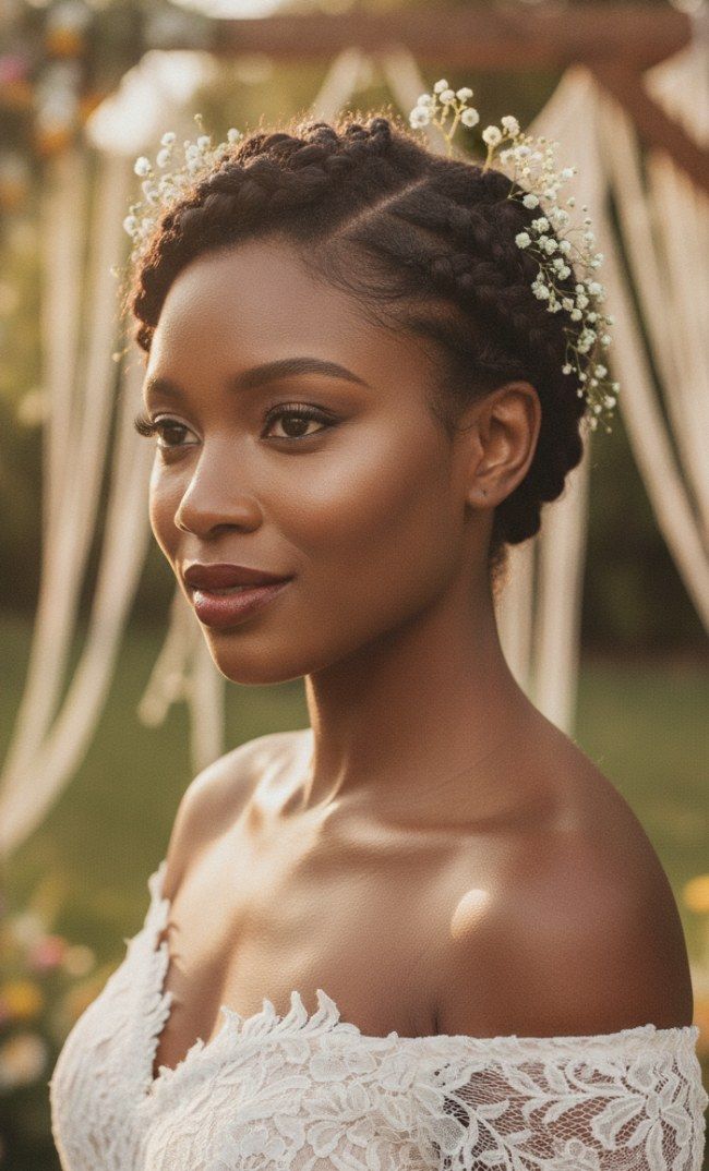Short Hair Wedding Hairstyles : Romantic Braided Bridal Updo with Baby's Breath for Outdoor Weddings