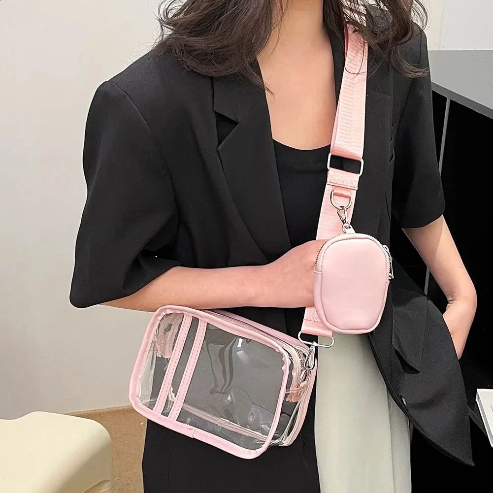 Black Blazer and Trousers with a Pink Clear Crossbody Bag — Clear Bag Outfits 2027