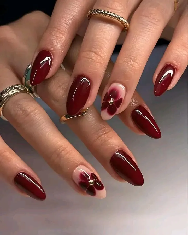 Long Stiletto Deep Red Floral Accents Long Stiletto Deep Red Floral Accents — Simple Nails 2027