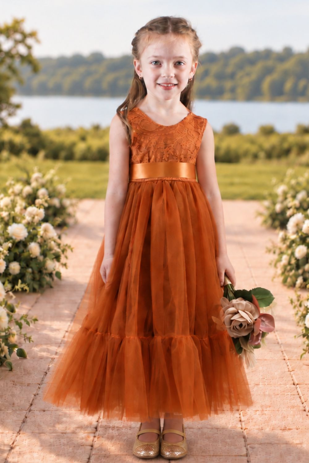 Burnt Orange Lace Bodice with Tiered Tulle Skirt Burnt Orange Lace Bodice with Tiered Tulle Skirt — Junior Bridesmaid Dress 2027