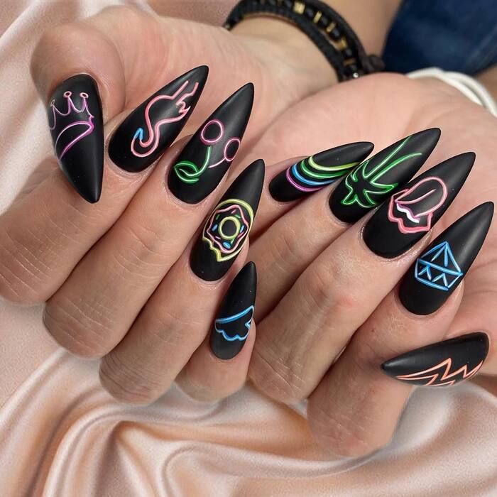 Matte Black with Neon Outline Art Matte Black with Neon Outline Art — Neon Matte Nails 2027