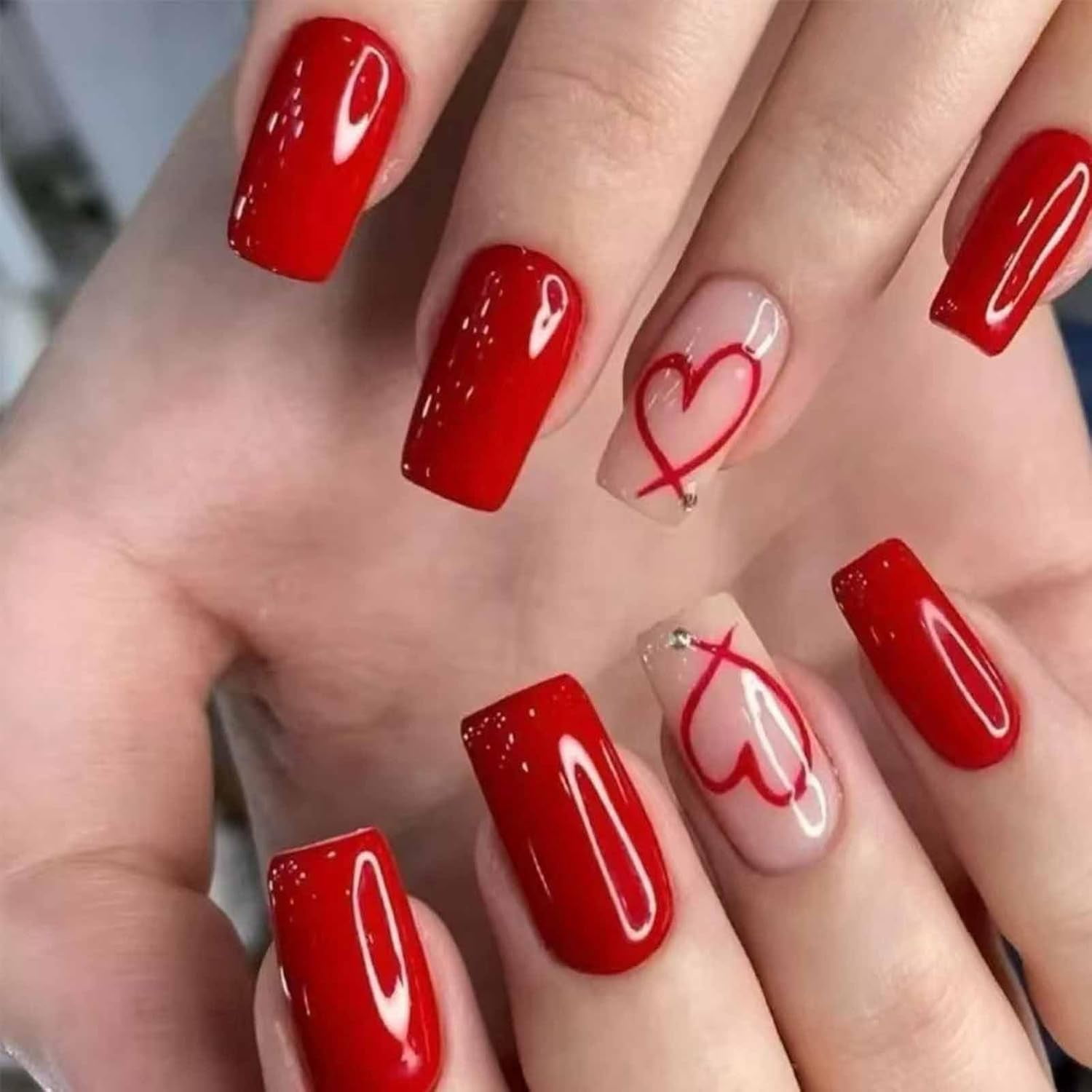 Vibrant Red With Heart Outlines Vibrant Red With Heart Outlines — Red Valentines Nails 2027