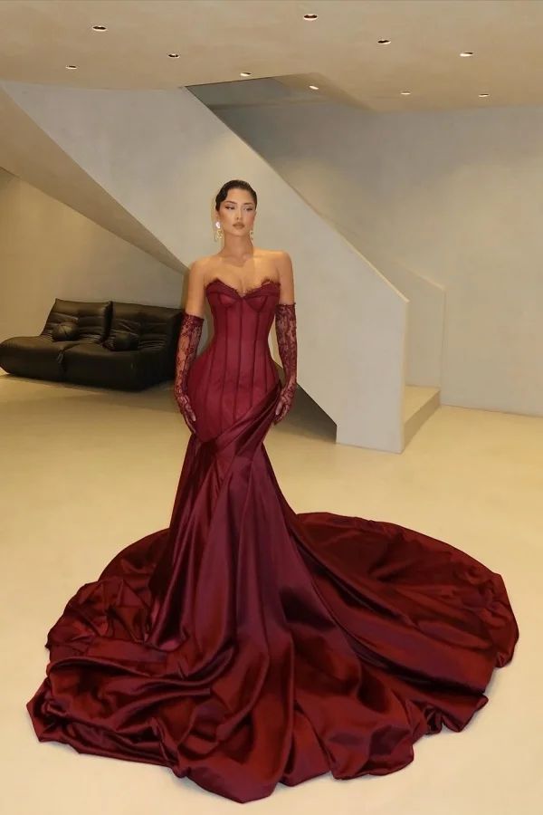 Burgundy Satin Mermaid Dress with Voluminous Train and Lace Gloves Burgundy Satin Mermaid Dress with Voluminous Train and Lace Gloves — Prom Dress 2027 with Gloves