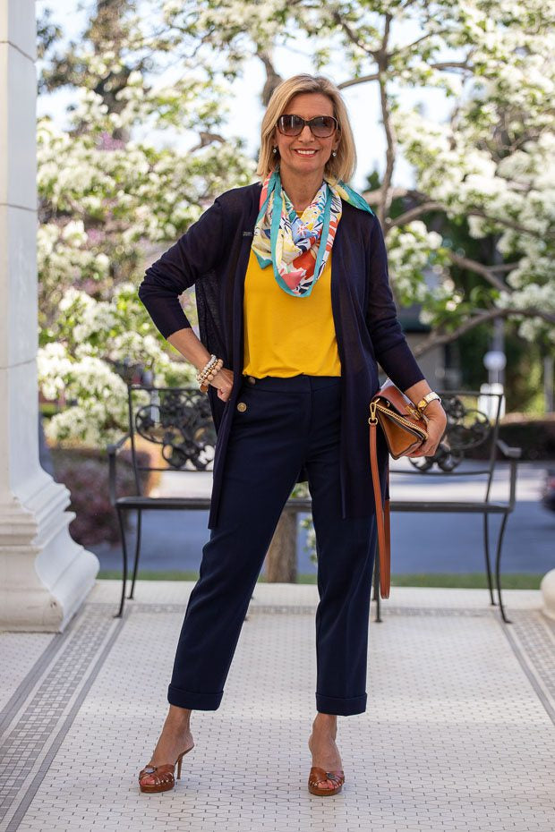 Mustard Yellow T-Shirt with Navy Cardigan and Patterned Scarf — Mustard Outfits 2027