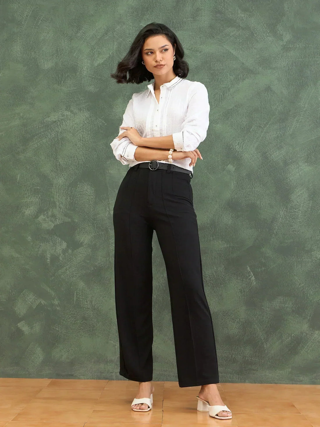 Embellished Collar Shirt with Black Wide-Leg Trousers — Office Outfits for Women 2027