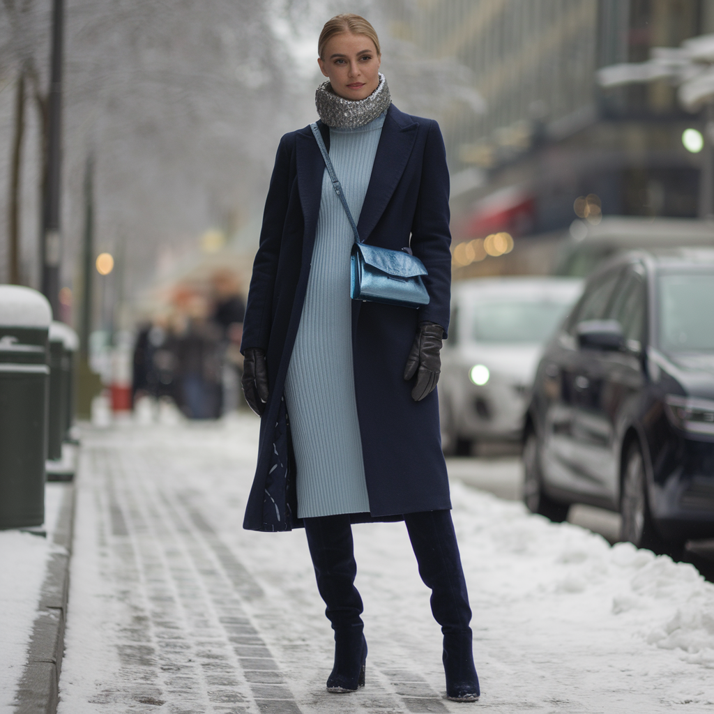 Smart Navy Ensemble with Metallic Blue Handbag Smart Navy Ensemble with Metallic Blue Handbag — Winter Blue Outfits 2027