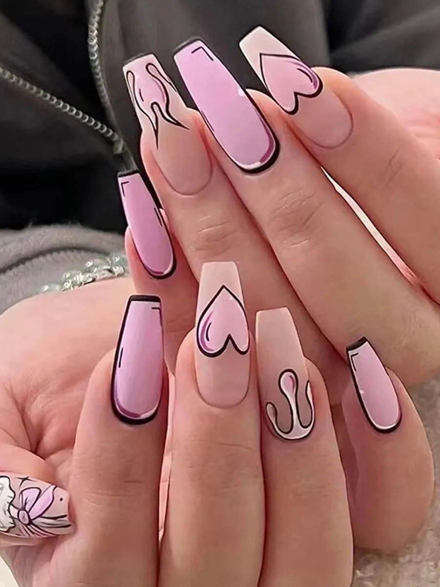 Cartoon Style Hearts Flames Drip Art — Long Coffin Nails 2027
