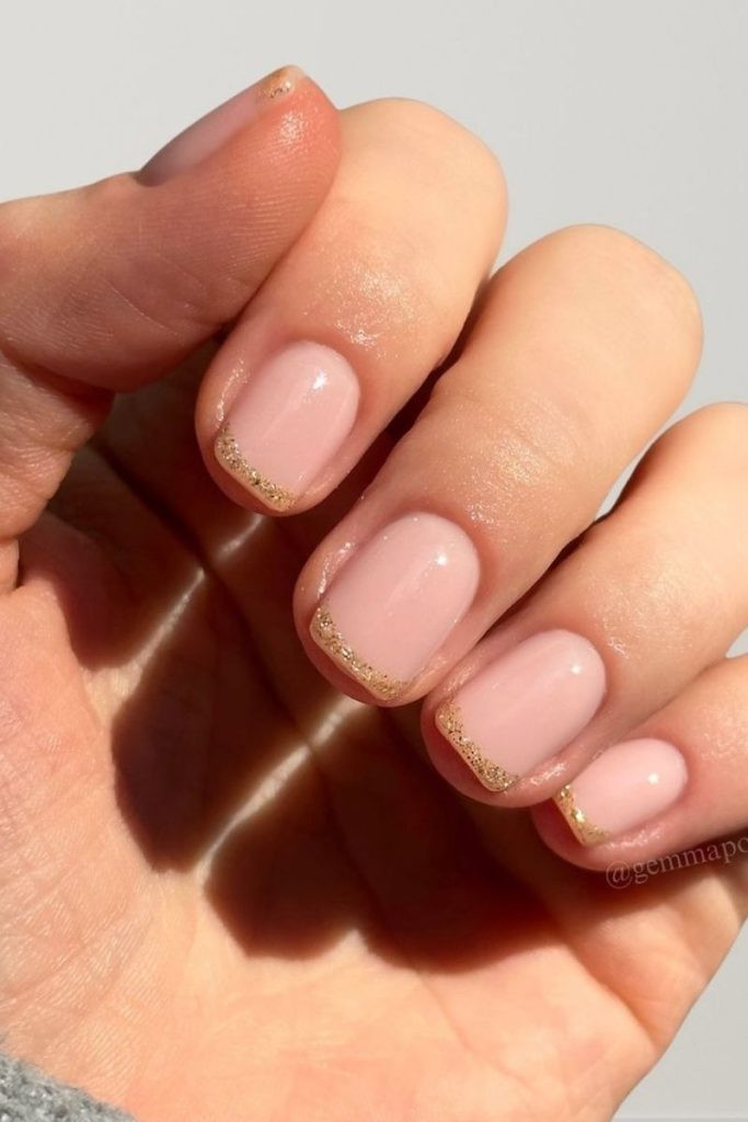 Gold Glitter French Tips on Sheer Pink Gold Glitter French Tips on Sheer Pink — Short Micro French Tip Nails 2027