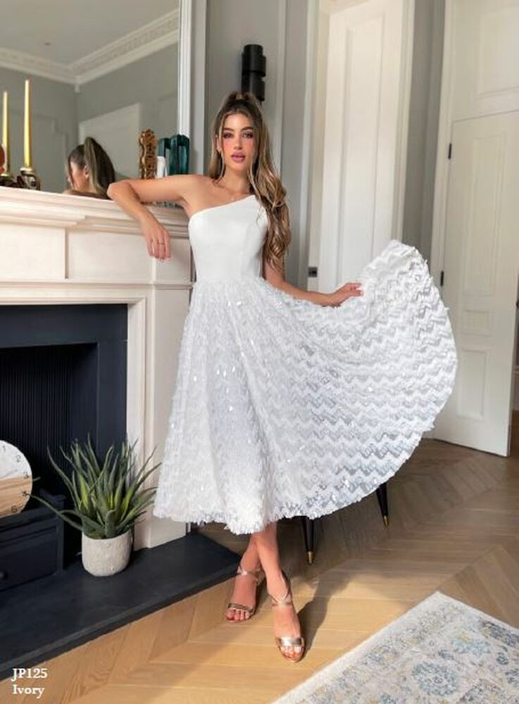 Elegant One-Shoulder Midi with a Sequined Skirt — Engagement Photo Dresses 2027