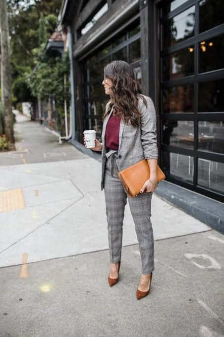 Grey Plaid Suit with Burgundy Top Grey Plaid Suit with Burgundy Top — Business Trip Outfits 2027