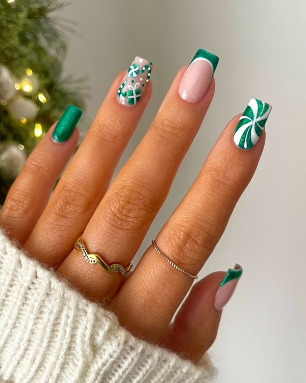 Sheer Pink with Green French Tips and Candy Motifs — Short Christmas Nails 2026