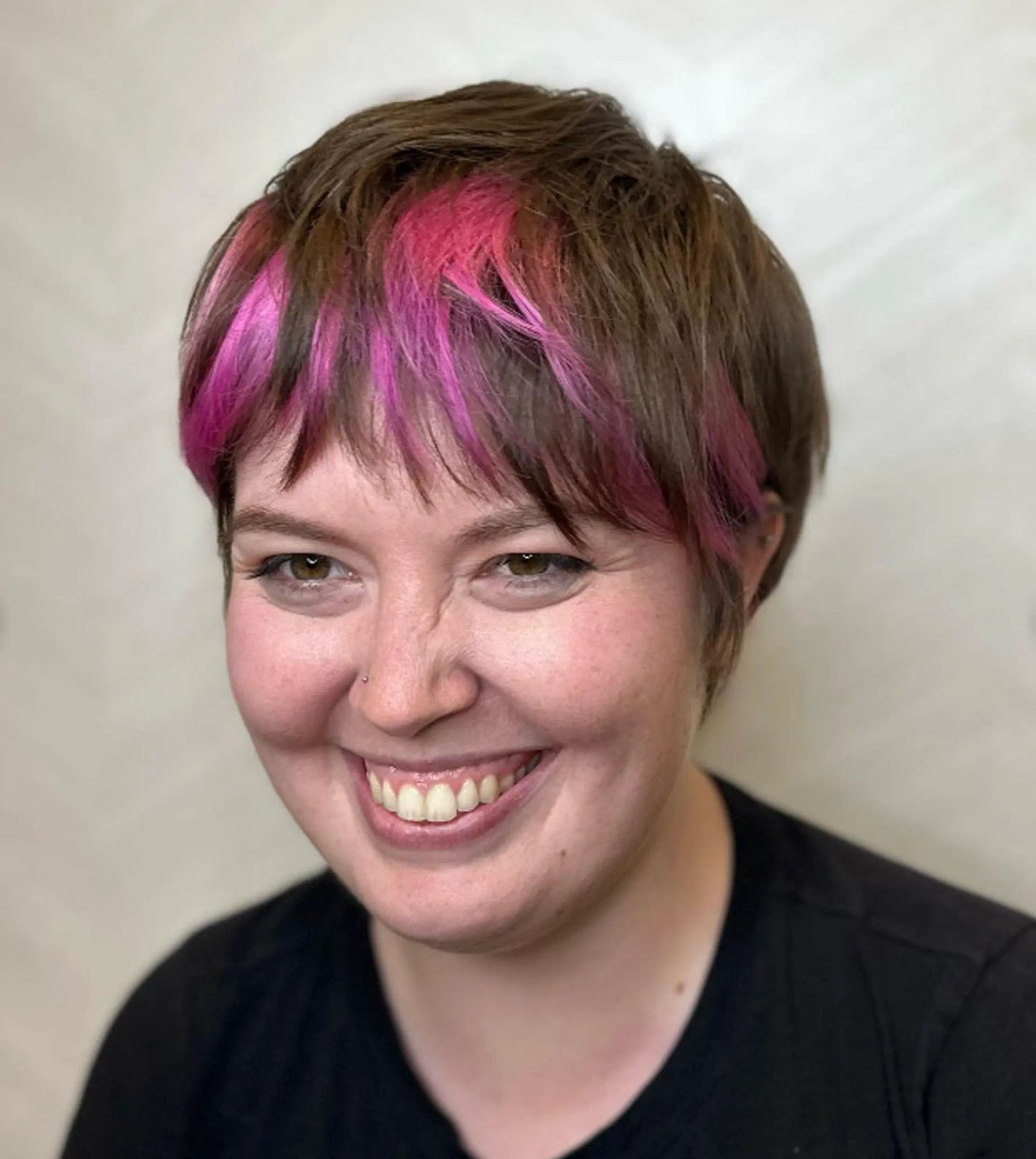 Brown Pixie With Vibrant Pink Fringe Brown Pixie With Vibrant Pink Fringe — Two Tone Pixie 2027