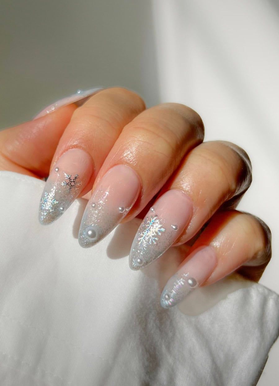 Pink Silver Glitter Pearl Snowflakes — Winter Ombre Nails 2027