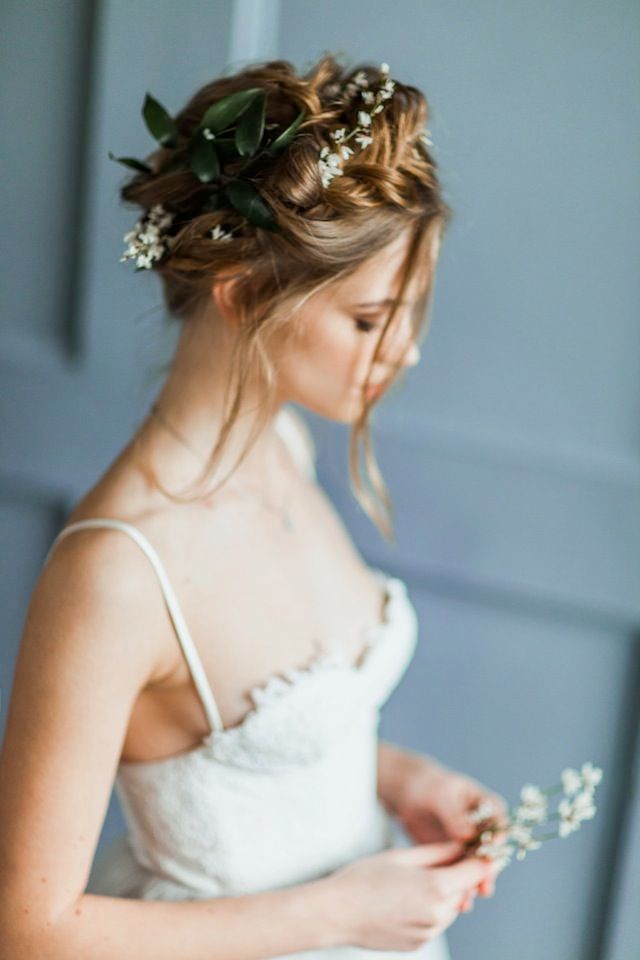Light Brown Twisted Updo with Greenery — Flower Crown Hairstyles 2027