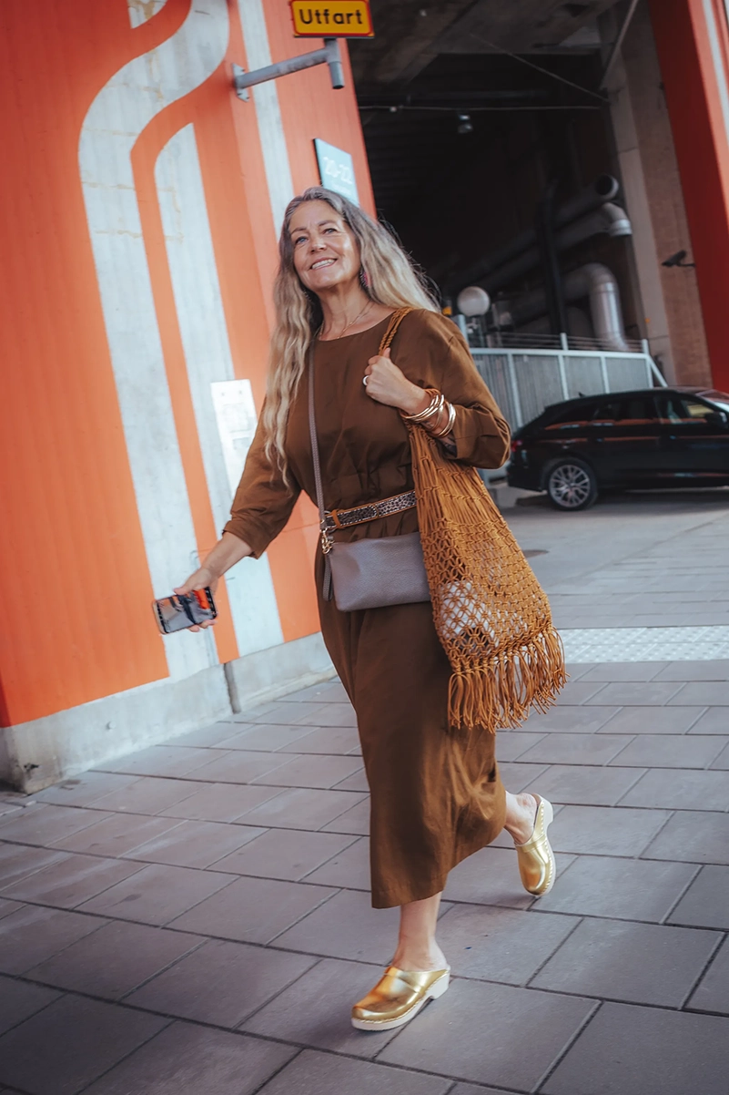 Brown Long-Sleeve Dress with Gold Accessories — Minimalist Outfits 2027