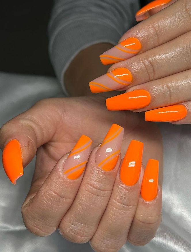 Neon Orange Stripe Coffin Nails Neon Orange Stripe Coffin Nails — Tangerine Nails 2027