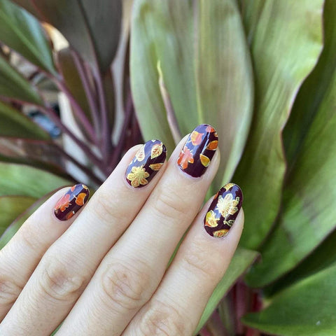 Deep Burgundy with Detailed Leaf Art — Simple Thanksgiving Nails 2026