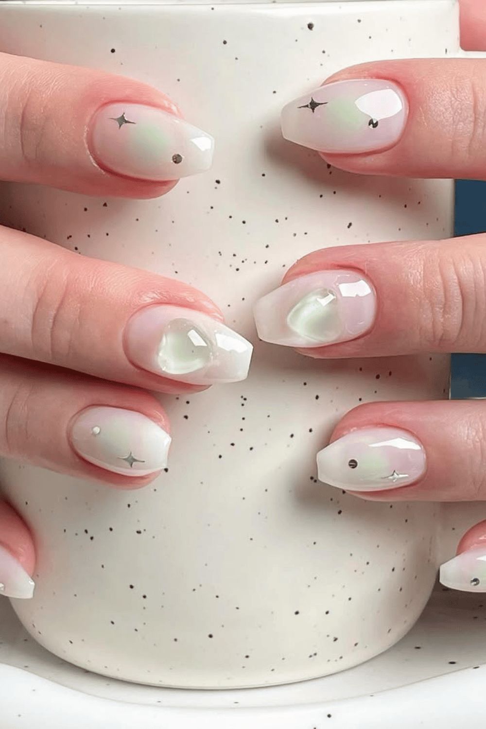 Short Oval Milky White with Black and Silver Lines Short Oval Milky White with Black and Silver Lines — Thin Line Nails 2027