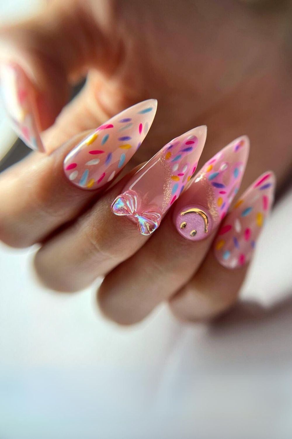 Long Stiletto Sheer Pink with Sprinkles & Charms — 30th Birthday Nails 2027