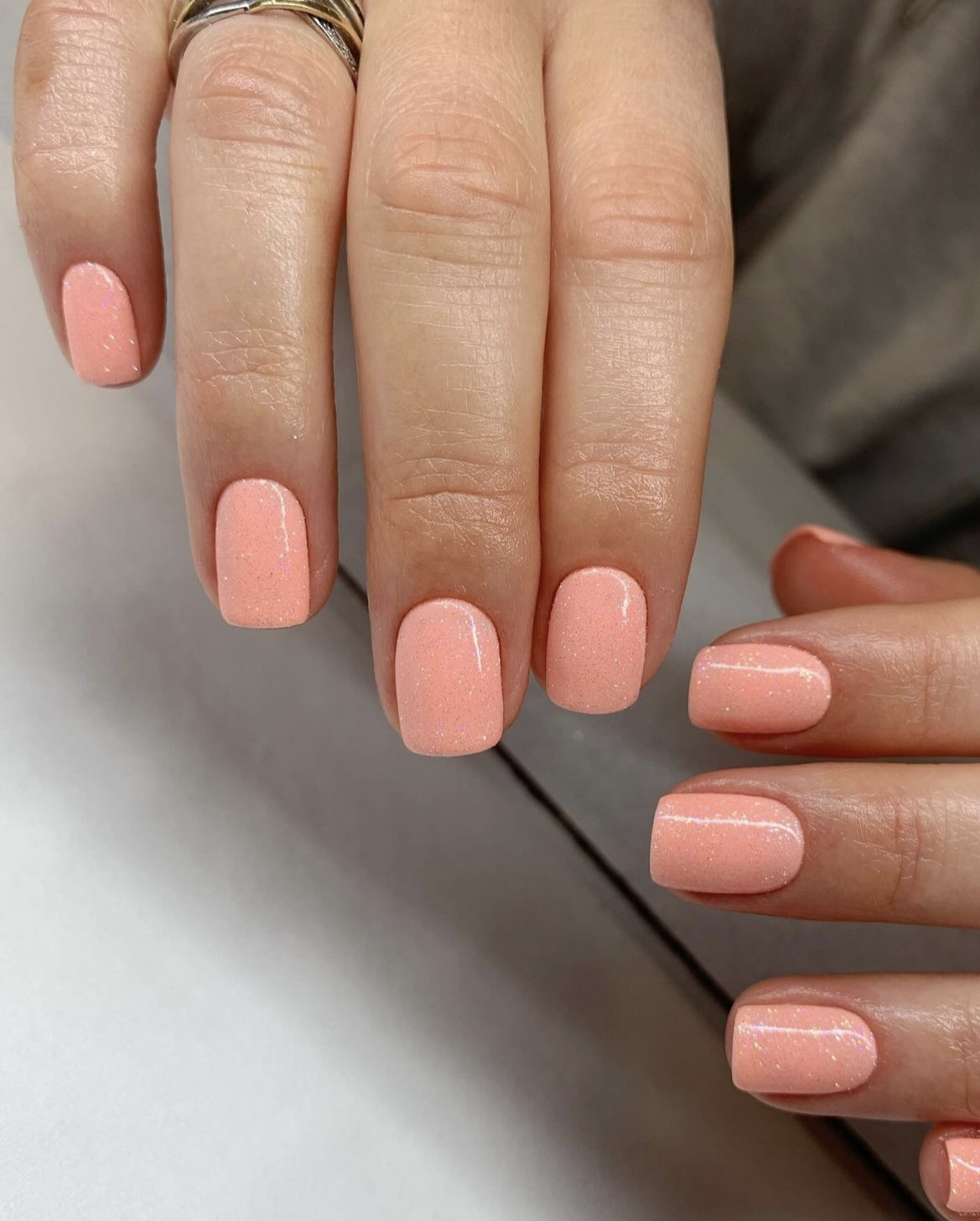 Light Peach Iridescent Glitter Nails Light Peach Iridescent Glitter Nails — Short Prom Nails 2027
