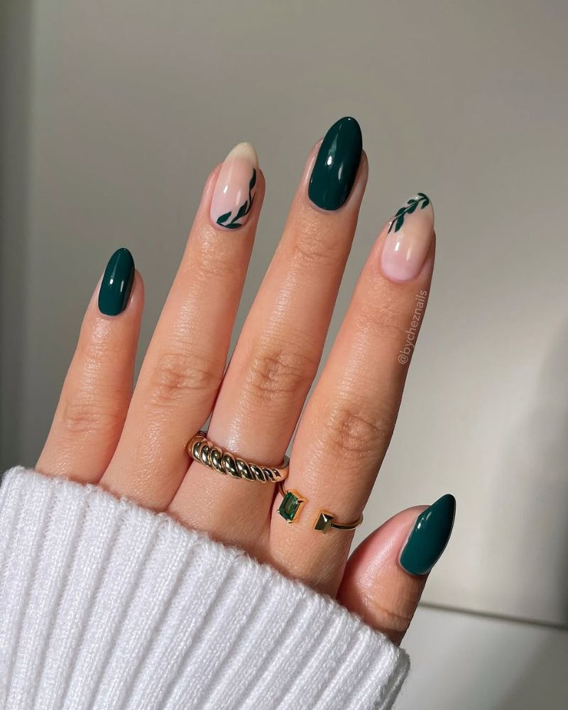 Emerald Leaf Art with Sheer Nude Tips Emerald Leaf Art with Sheer Nude Tips — Emerald Nails 2027