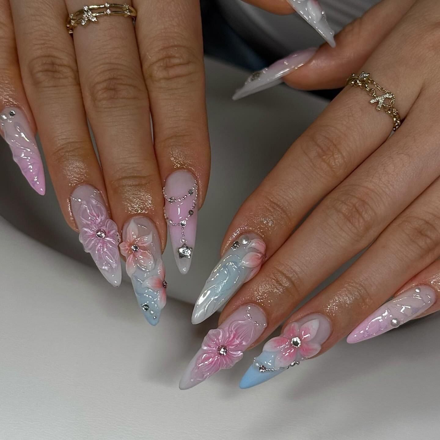 Pastel Gradient 3D Floral Coffin Nails Pastel Gradient 3D Floral Coffin Nails — Long Floral Nails 2027