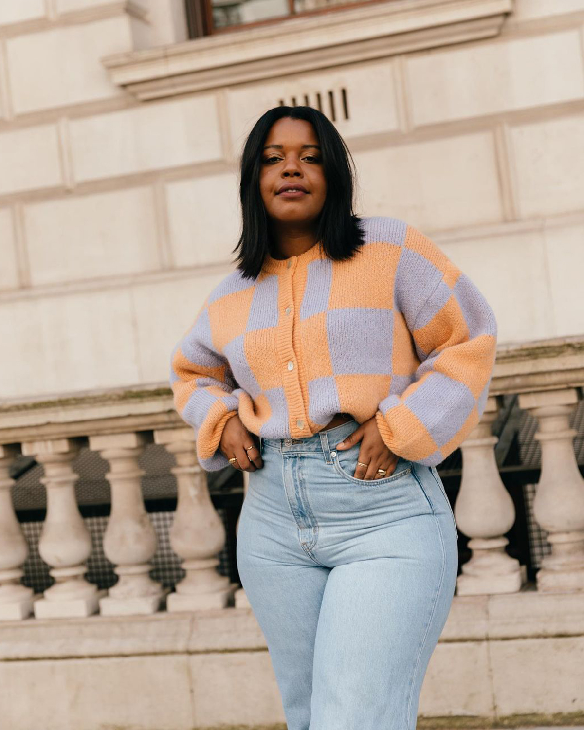 Checkerboard Knit Cropped Cardigan with High-Waisted Jeans Checkerboard Knit Cropped Cardigan with High-Waisted Jeans — Fall Cardigan Outfits 2026