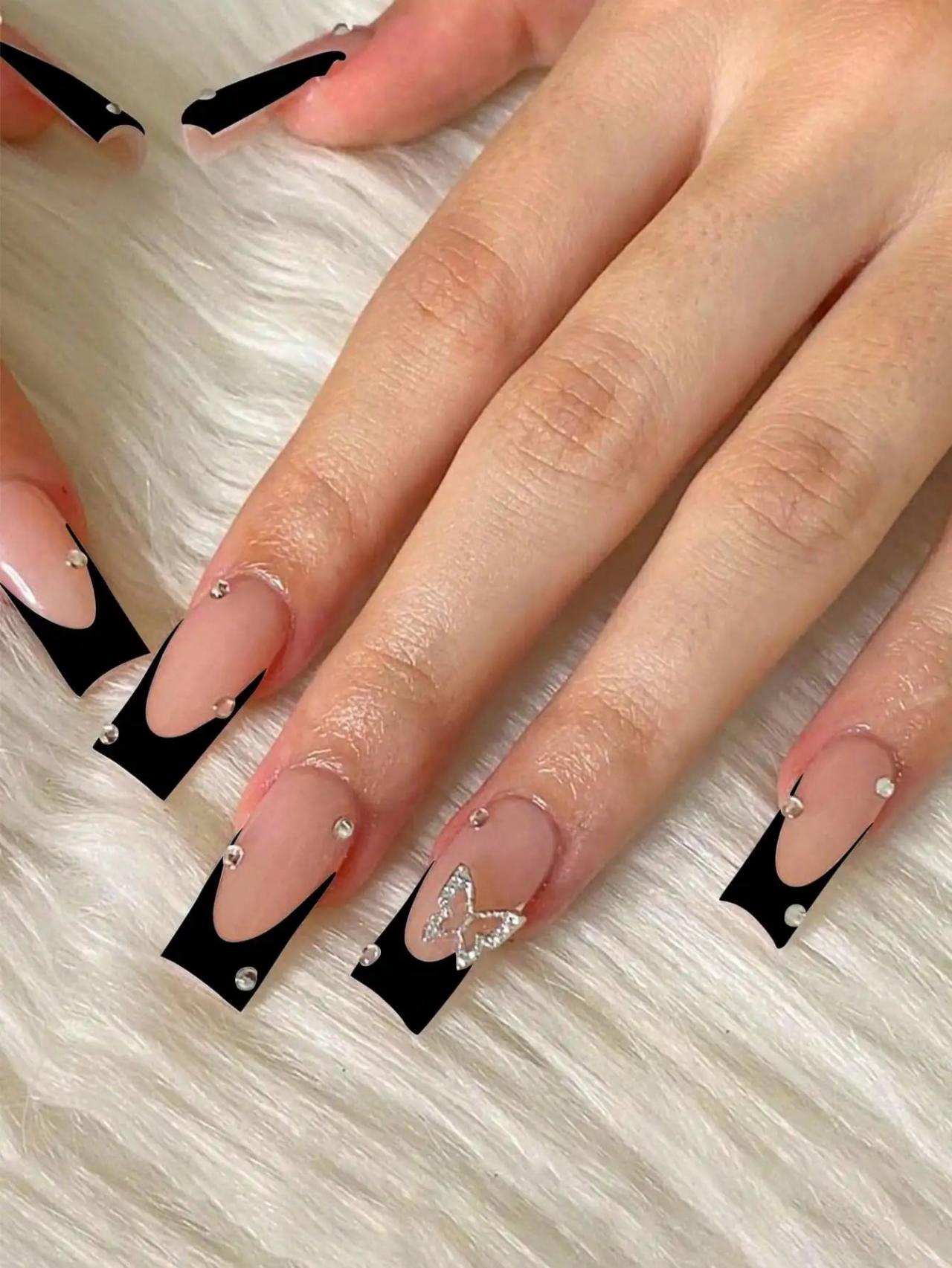 Rhinestone French with 3D Butterfly Rhinestone French with 3D Butterfly — Short Butterfly Coffin Nails 2027