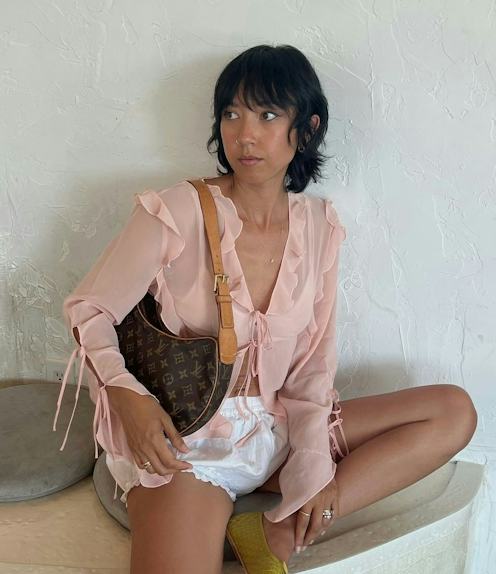 Pink Sheer Ruffled Blouse with Shorts Pink Sheer Ruffled Blouse with Shorts — Sheer Top Outfits 2027