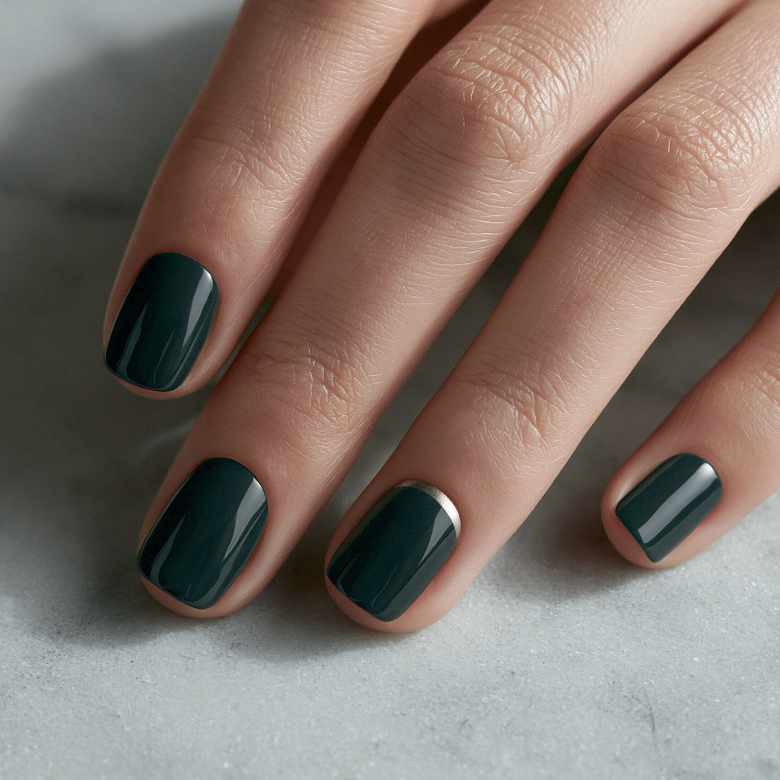 Forest Green with Silver Line Short Square Nails — Nail Colors 2027